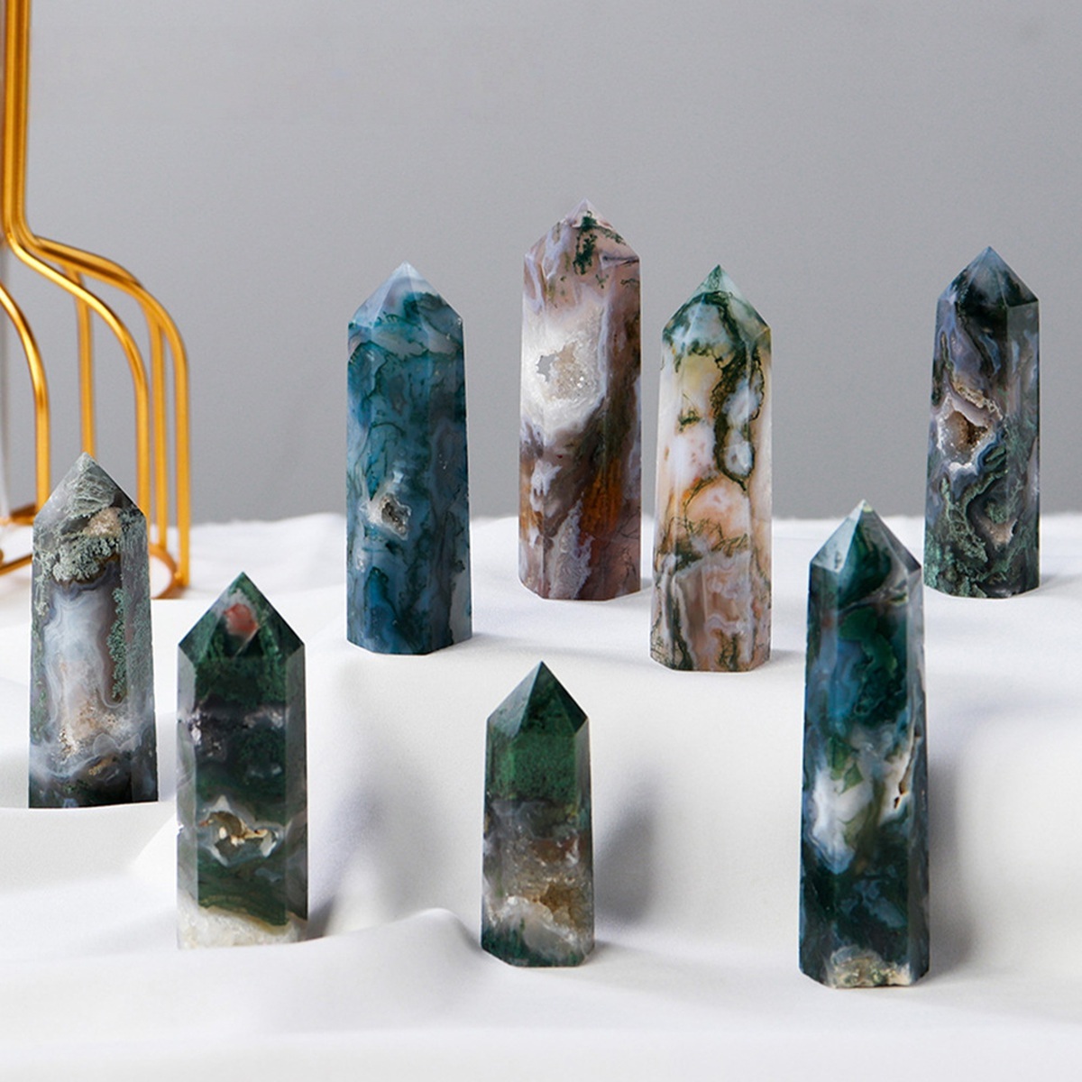 Moss Agate  Single Pointed Hexagonal Prism Beads Ornament Handmade Craved Gemstone