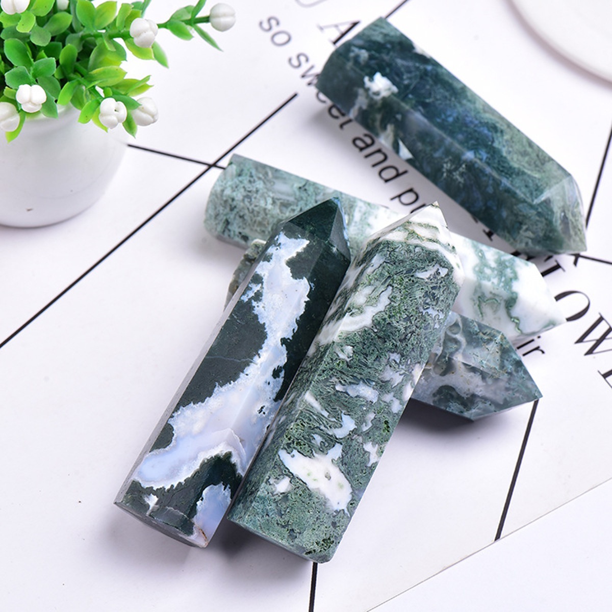 Moss Agate  Single Pointed Hexagonal Prism Beads Ornament Handmade Craved Gemstone