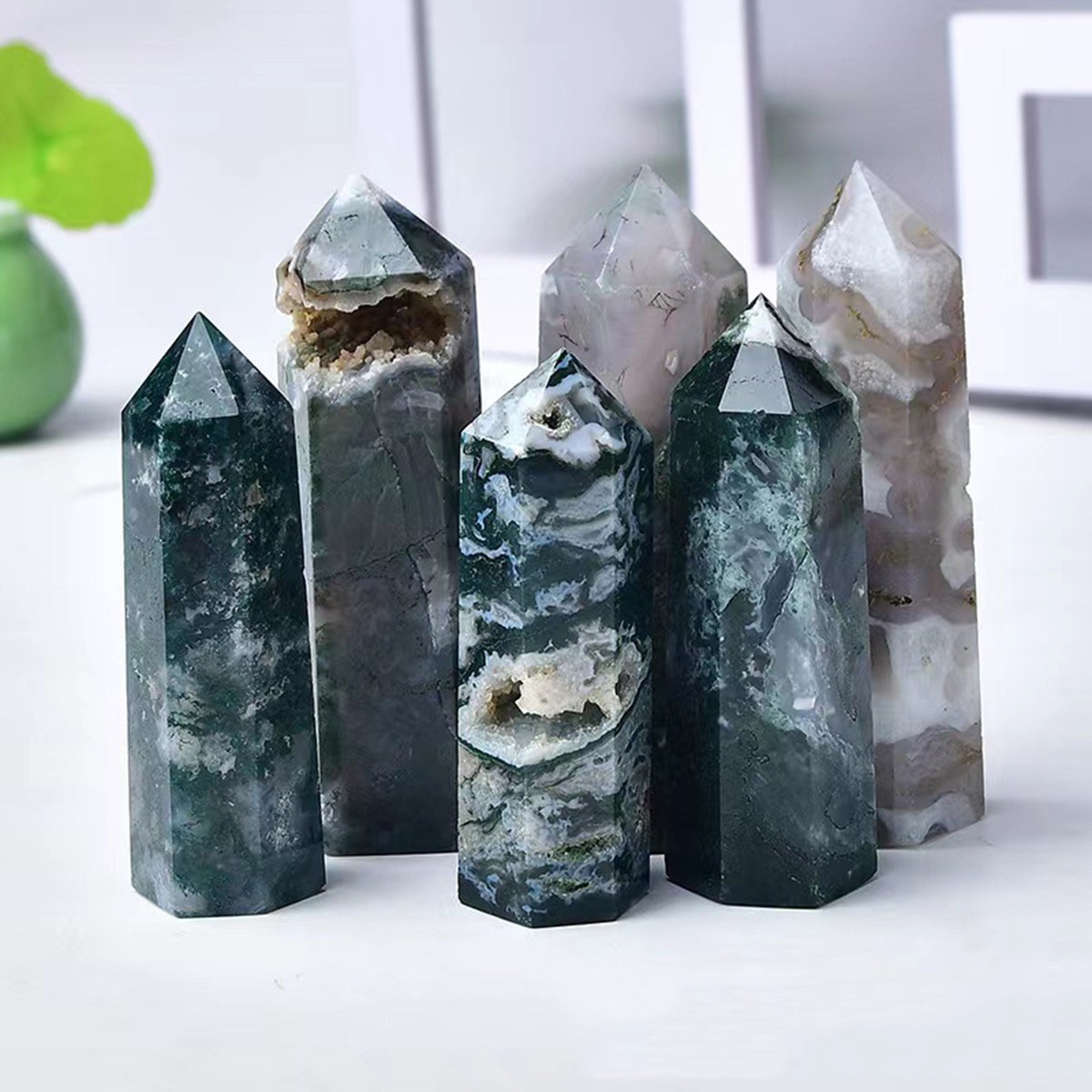 Moss Agate  Single Pointed Hexagonal Prism Beads Ornament Handmade Craved Gemstone