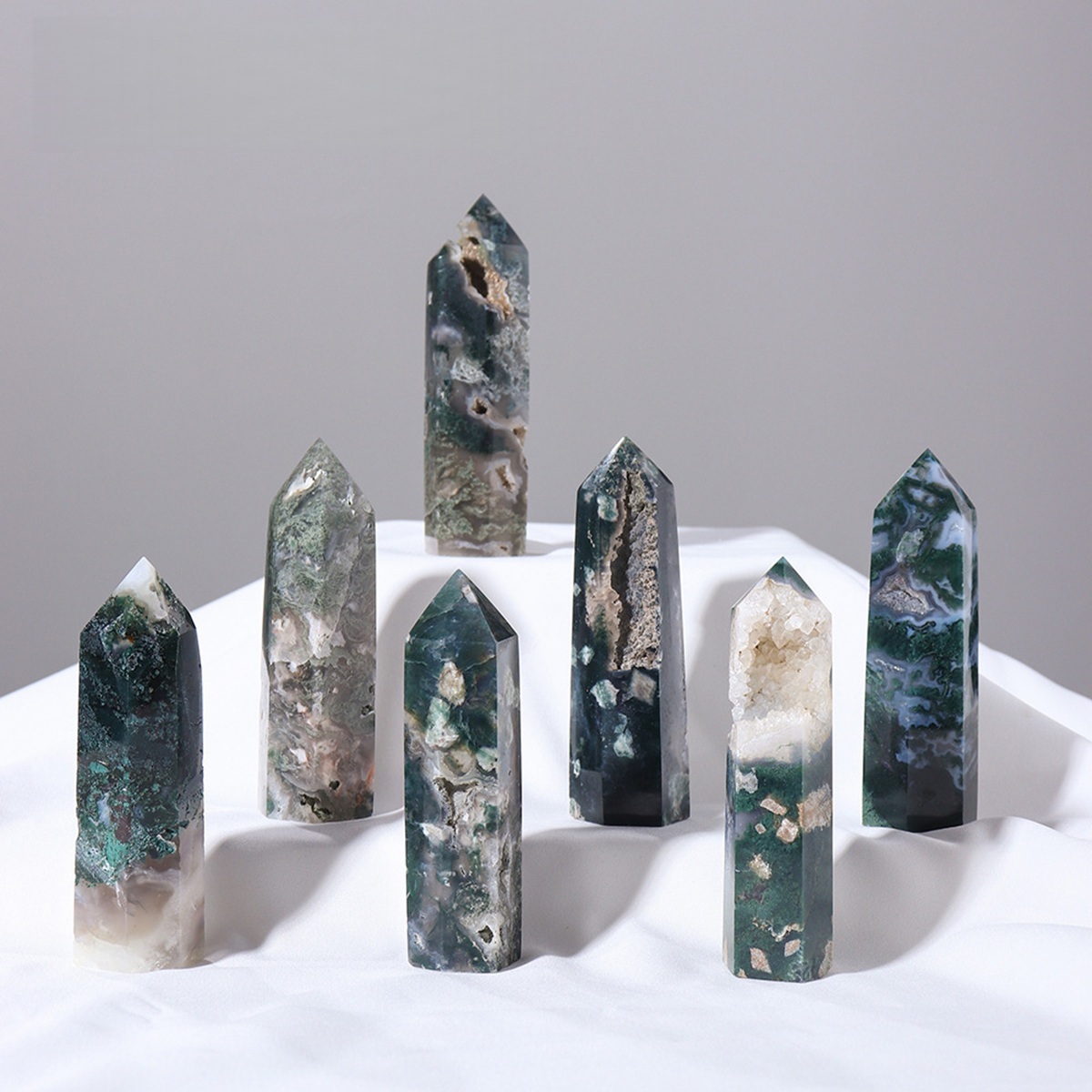 Moss Agate  Single Pointed Hexagonal Prism Beads Ornament Handmade Craved Gemstone