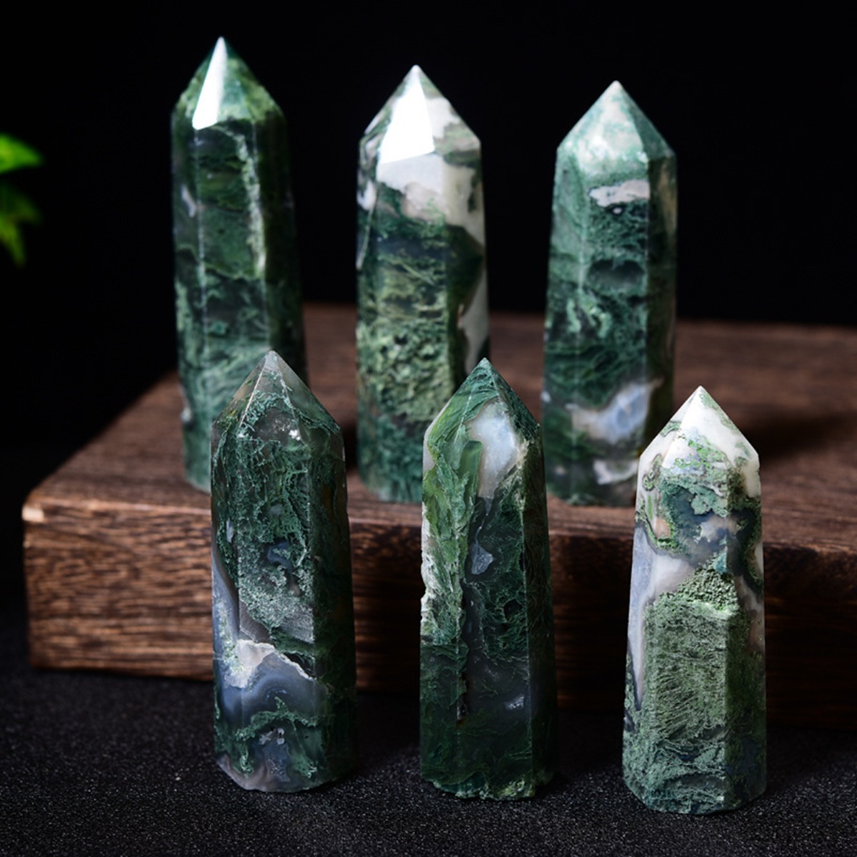 Moss Agate  Single Pointed Hexagonal Prism Beads Ornament Handmade Craved Gemstone
