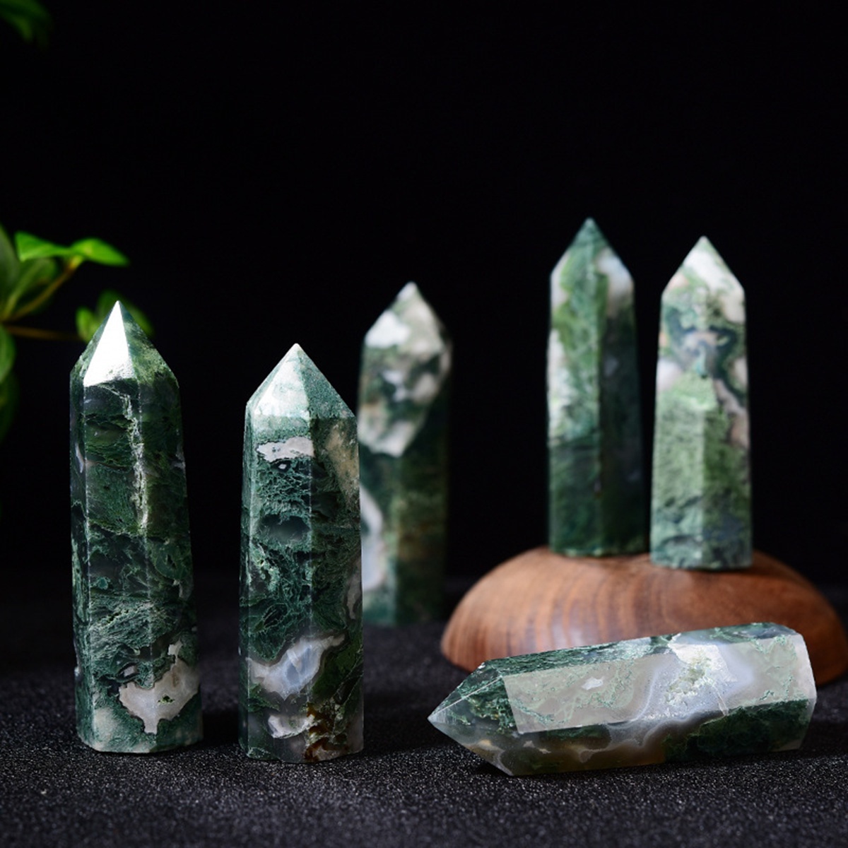 Moss Agate  Single Pointed Hexagonal Prism Beads Ornament Handmade Craved Gemstone