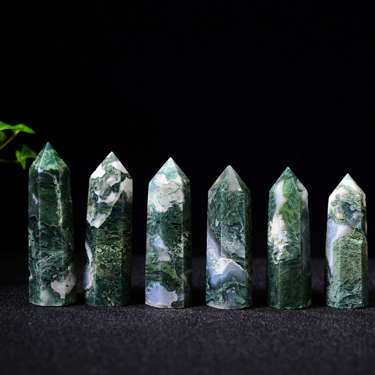 Moss Agate  Single Pointed Hexagonal Prism Beads Ornament Handmade Craved Gemstone