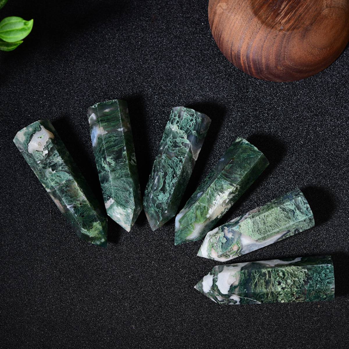 Moss Agate  Single Pointed Hexagonal Prism Beads Ornament Handmade Craved Gemstone