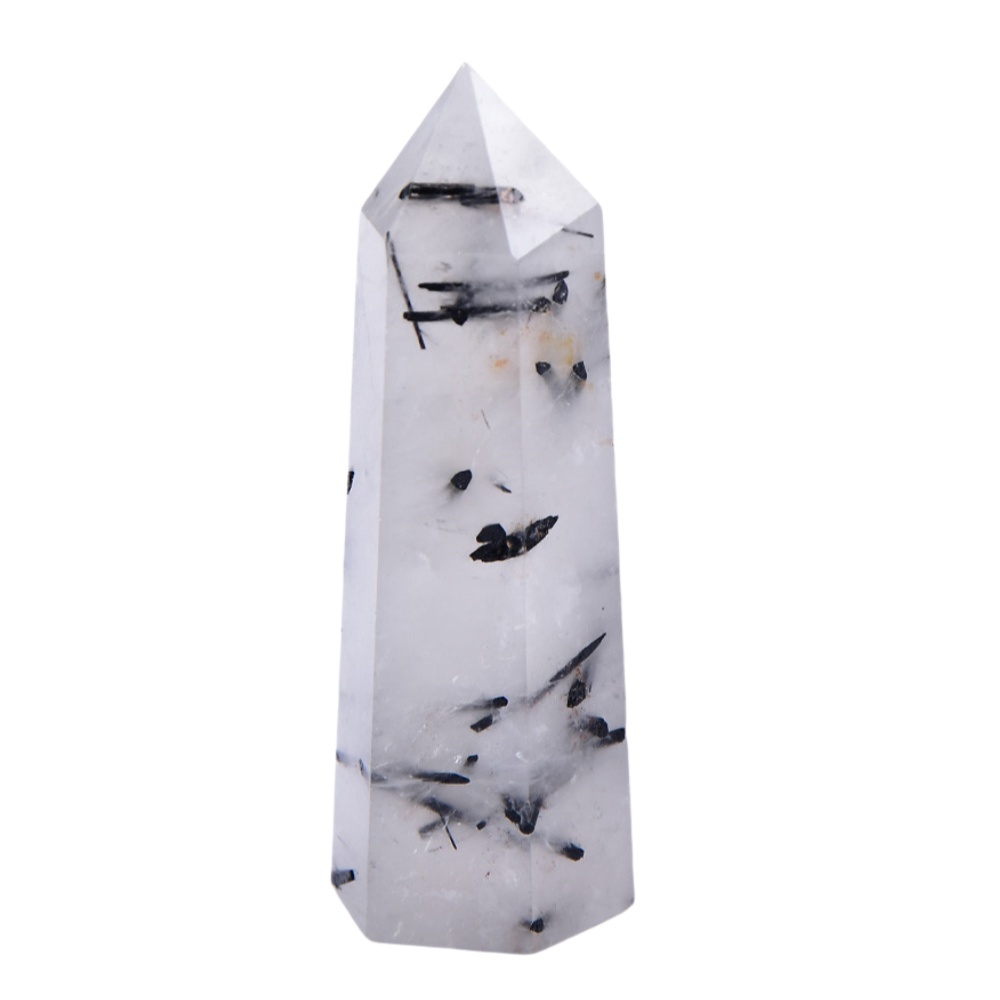 Black Quartz Rutilated  Single Pointed Hexagonal Prism Beads Ornament Handmade Craved Gemstone