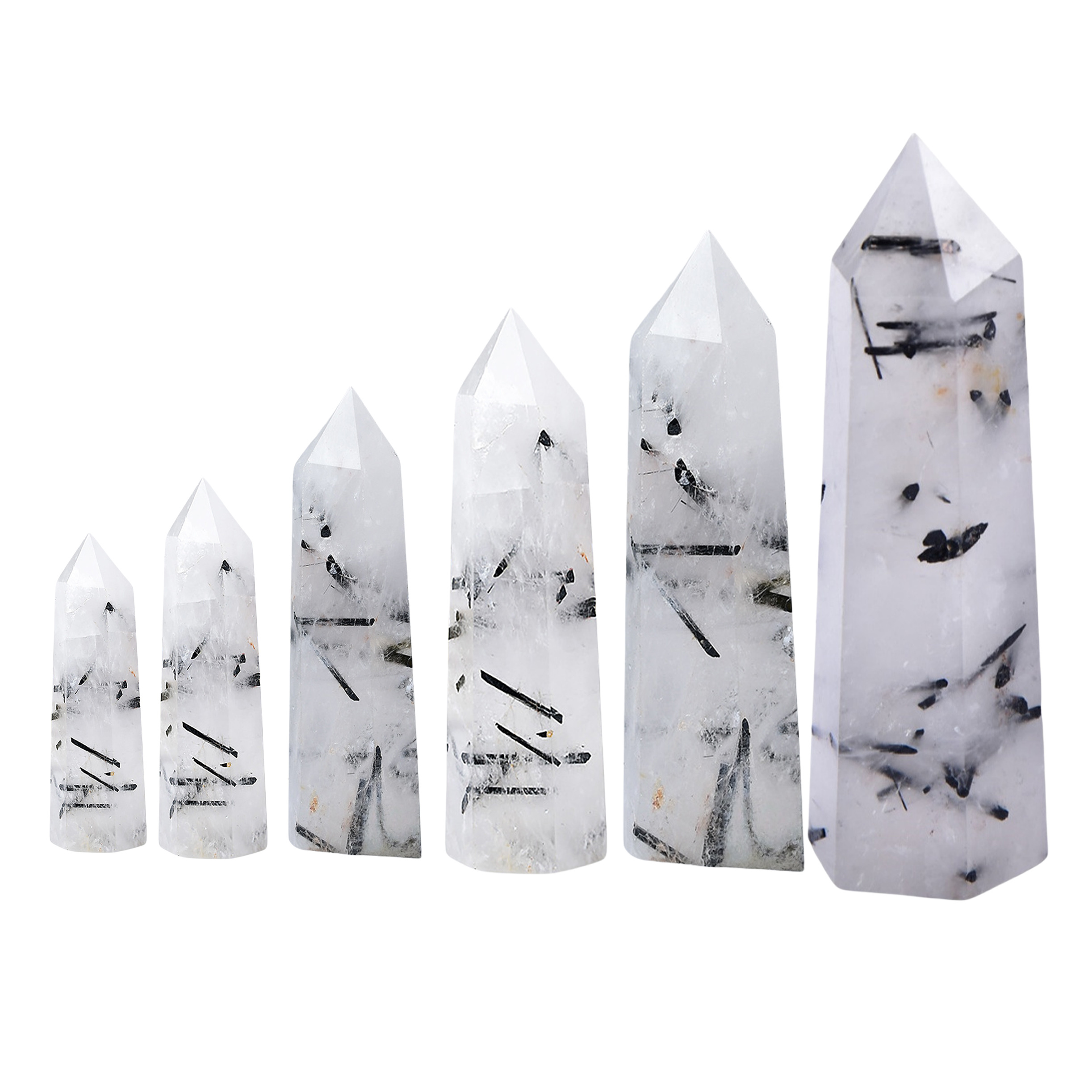 Black Quartz Rutilated  Single Pointed Hexagonal Prism Beads Ornament Handmade Craved Gemstone