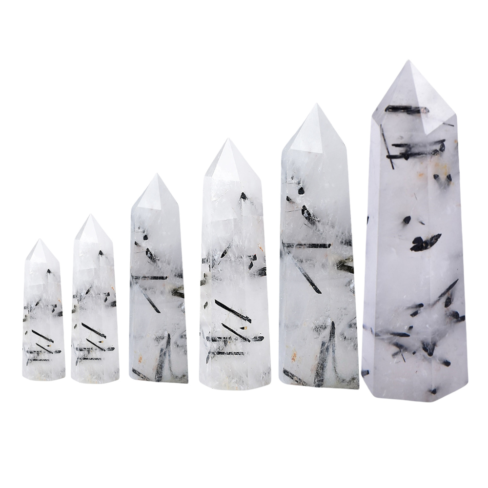 Black Quartz Rutilated  Single Pointed Hexagonal Prism Beads Ornament Handmade Craved Gemstone