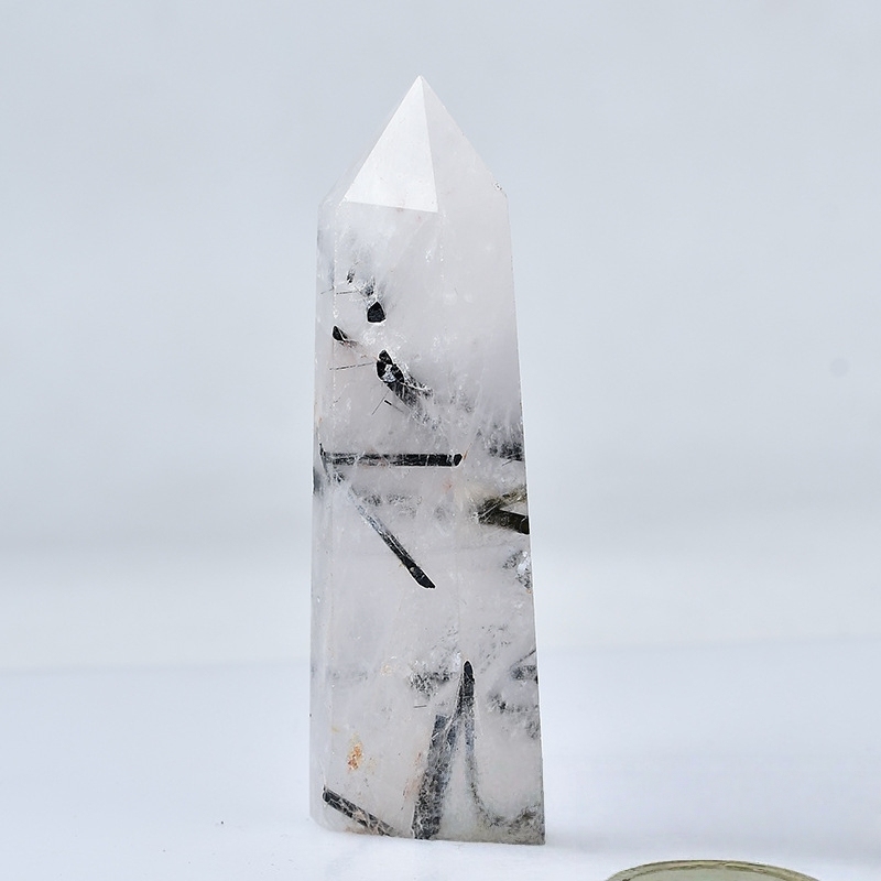 Black Quartz Rutilated  Single Pointed Hexagonal Prism Beads Ornament Handmade Craved Gemstone