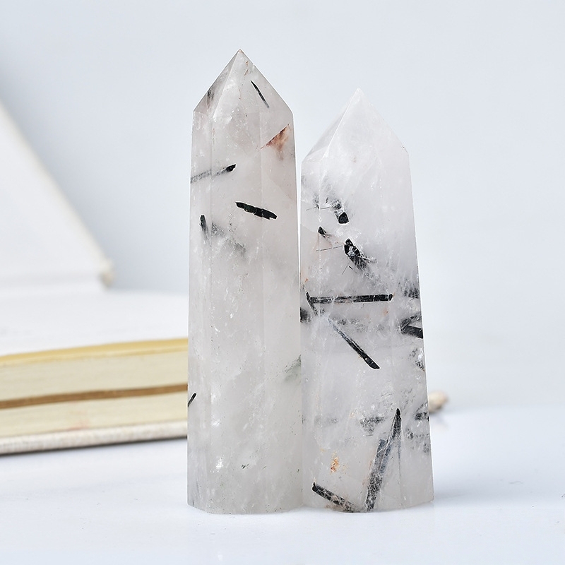 Black Quartz Rutilated  Single Pointed Hexagonal Prism Beads Ornament Handmade Craved Gemstone