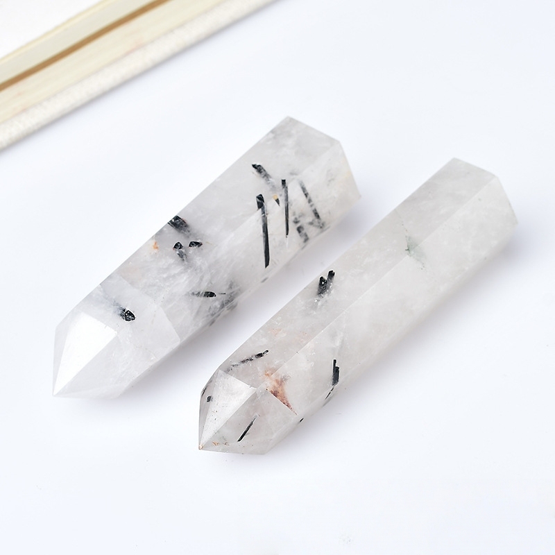 Black Quartz Rutilated  Single Pointed Hexagonal Prism Beads Ornament Handmade Craved Gemstone