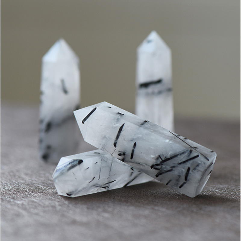 Black Quartz Rutilated  Single Pointed Hexagonal Prism Beads Ornament Handmade Craved Gemstone