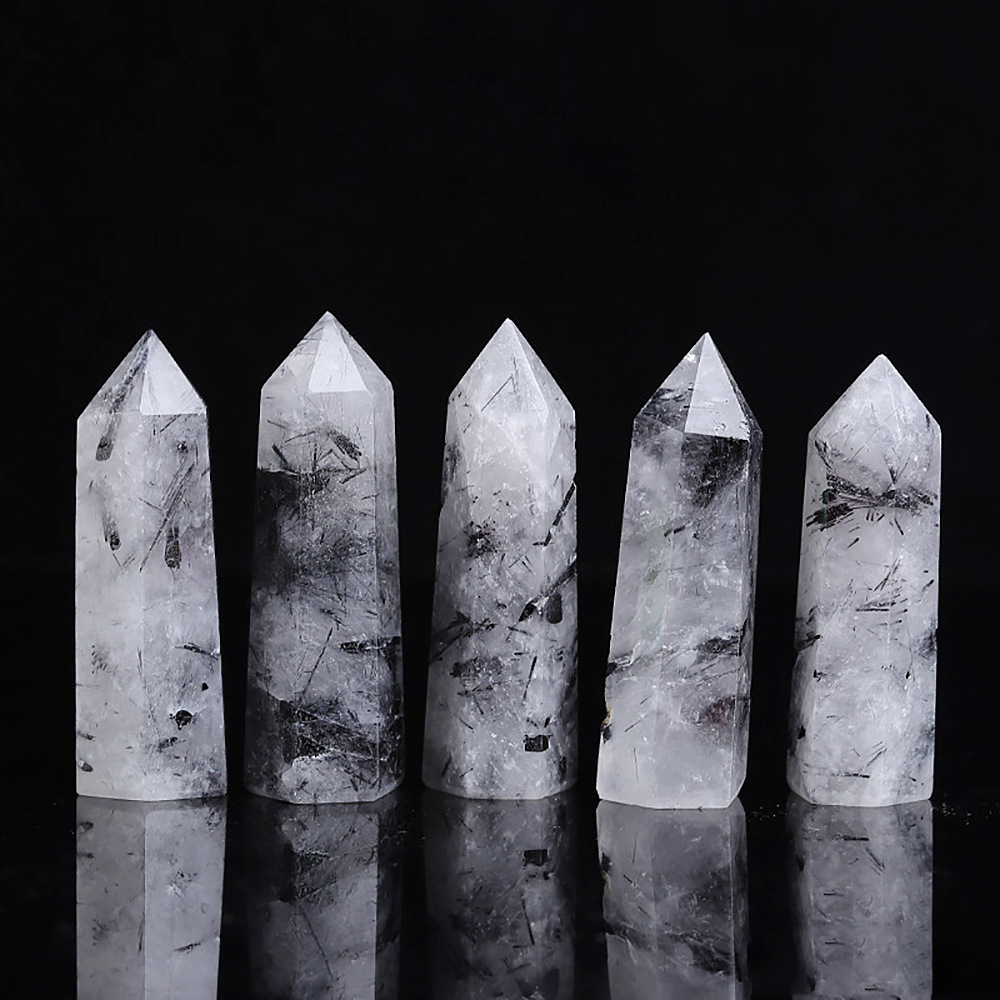 Black Quartz Rutilated  Single Pointed Hexagonal Prism Beads Ornament Handmade Craved Gemstone