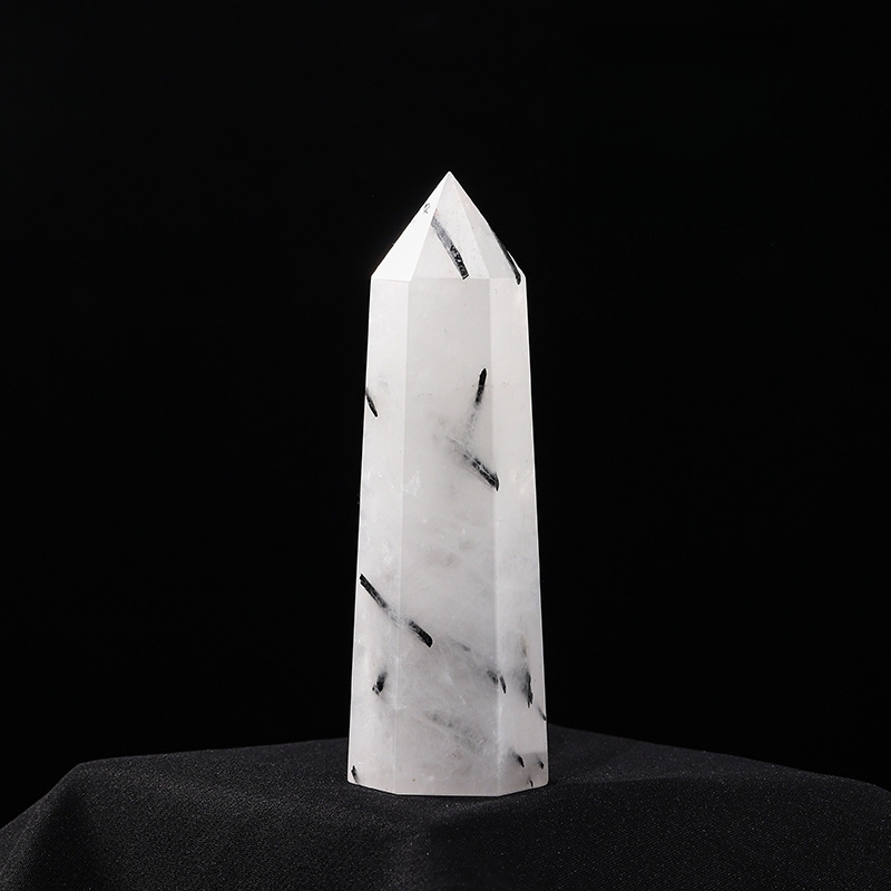 Black Quartz Rutilated  Single Pointed Hexagonal Prism Beads Ornament Handmade Craved Gemstone