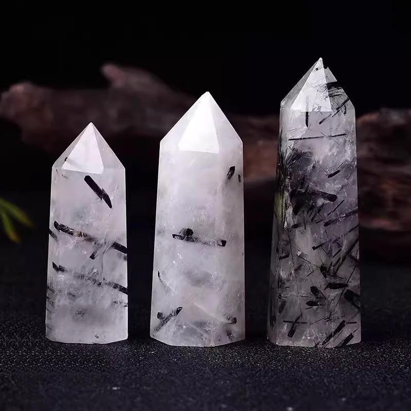 Black Quartz Rutilated  Single Pointed Hexagonal Prism Beads Ornament Handmade Craved Gemstone