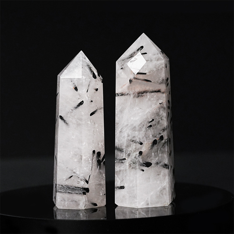 Black Quartz Rutilated  Single Pointed Hexagonal Prism Beads Ornament Handmade Craved Gemstone