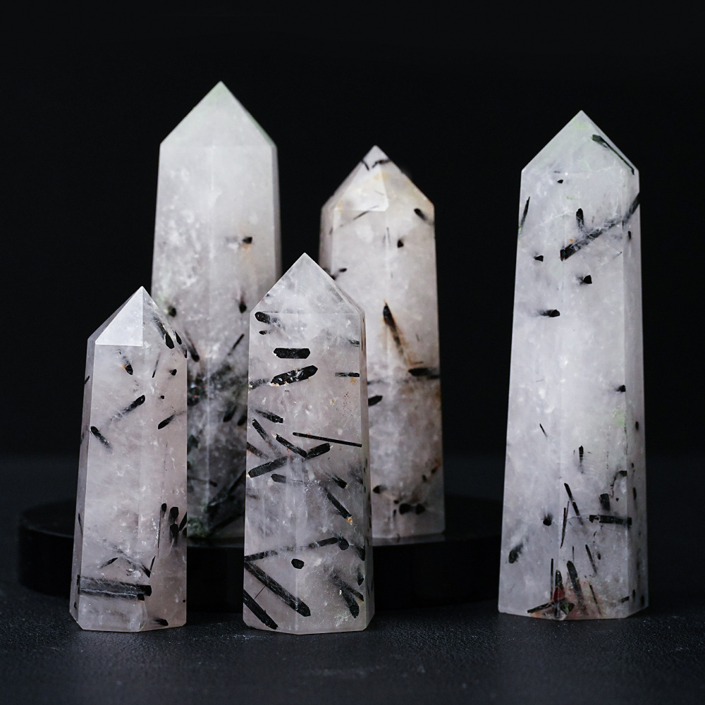 Black Quartz Rutilated  Single Pointed Hexagonal Prism Beads Ornament Handmade Craved Gemstone