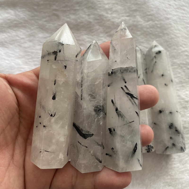 Black Quartz Rutilated  Single Pointed Hexagonal Prism Beads Ornament Handmade Craved Gemstone