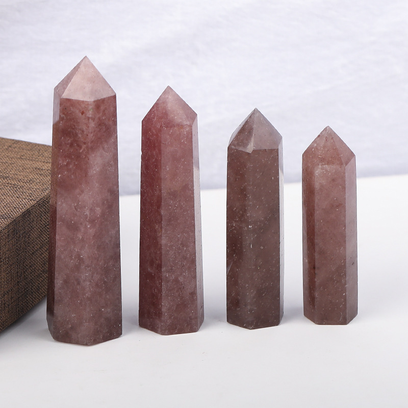 Red Strawberry Quartz Single Pointed Hexagonal Prism Beads Ornament Handmade Craved Gemstone