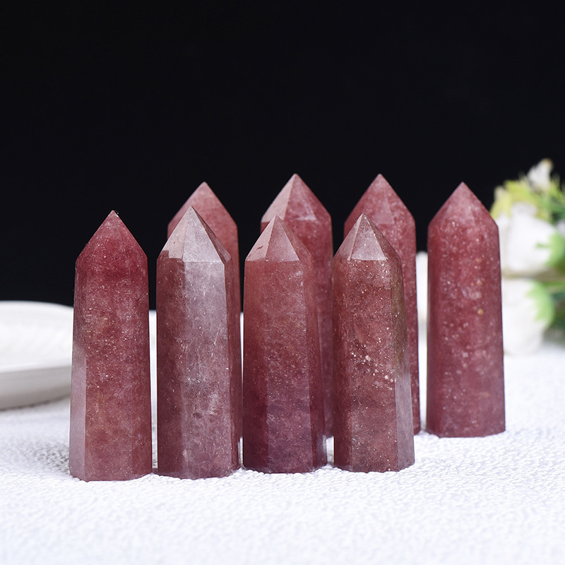 Red Strawberry Quartz Single Pointed Hexagonal Prism Beads Ornament Handmade Craved Gemstone