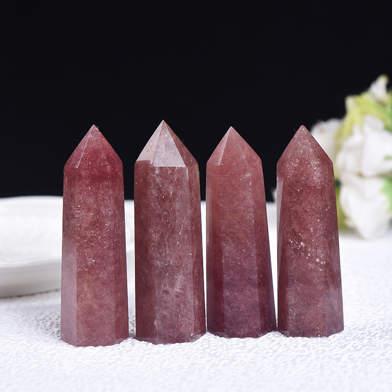 Red Strawberry Quartz Single Pointed Hexagonal Prism Beads Ornament Handmade Craved Gemstone