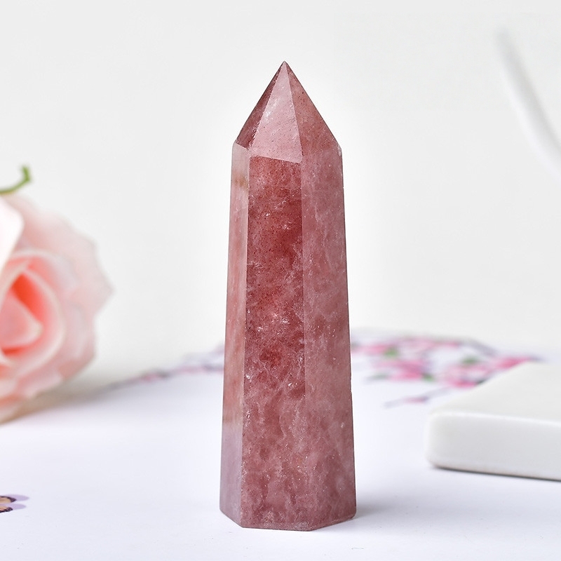 Red Strawberry Quartz Single Pointed Hexagonal Prism Beads Ornament Handmade Craved Gemstone