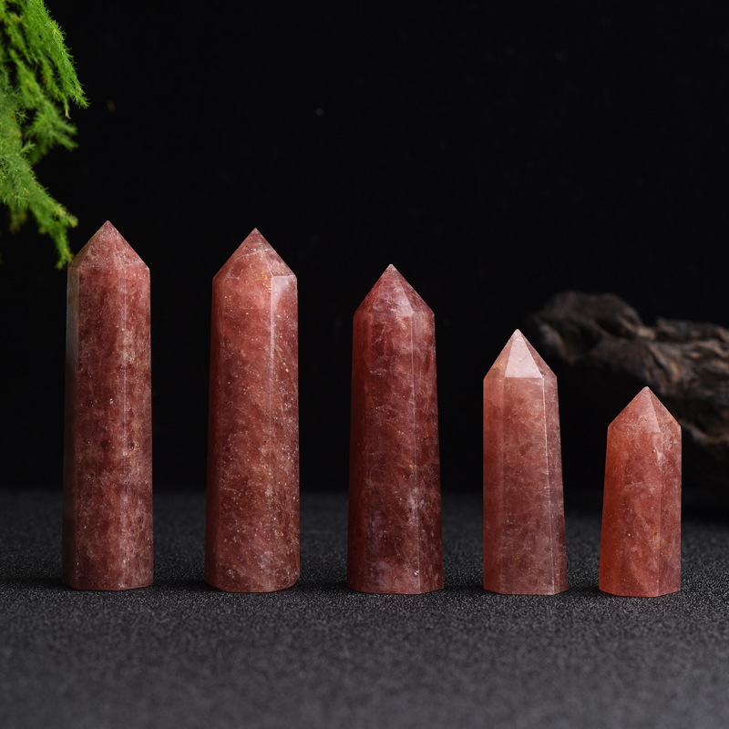 Red Strawberry Quartz Single Pointed Hexagonal Prism Beads Ornament Handmade Craved Gemstone