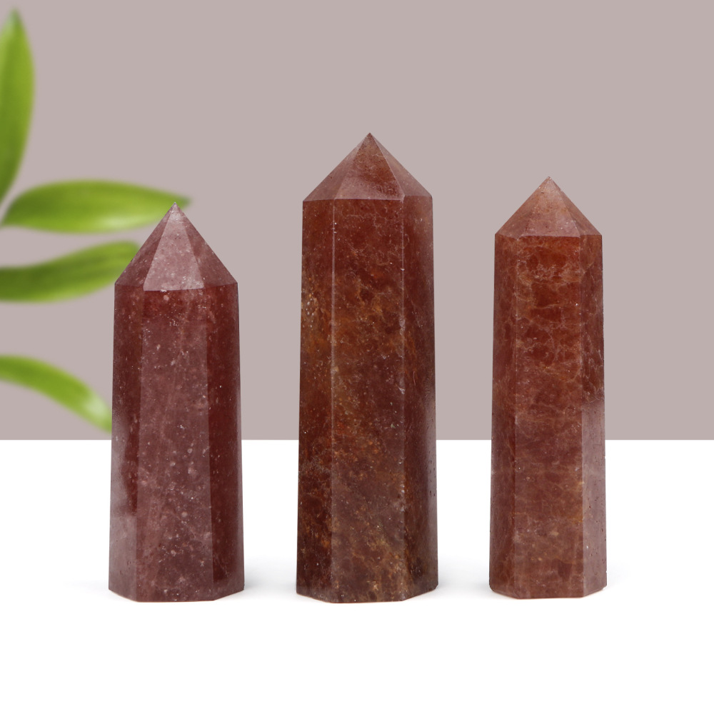Red Strawberry Quartz Single Pointed Hexagonal Prism Beads Ornament Handmade Craved Gemstone