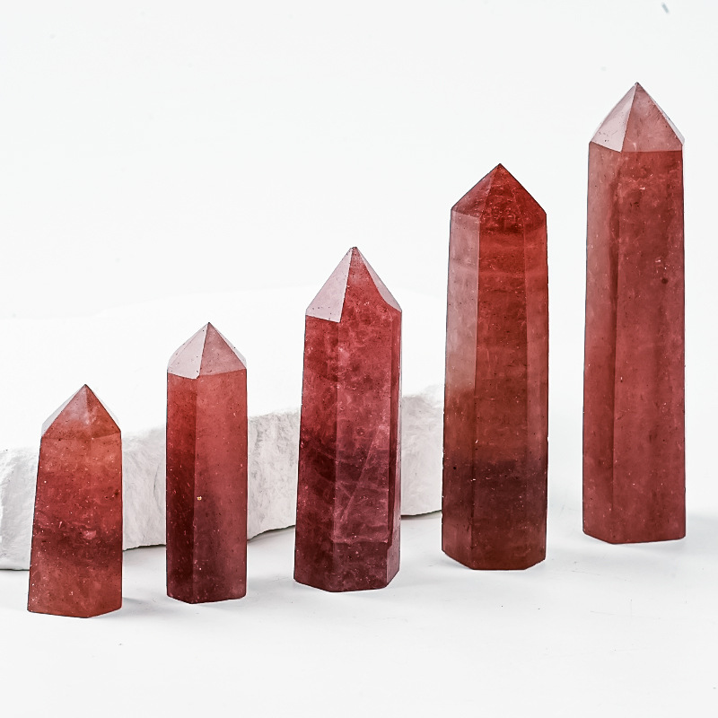 Red Strawberry Quartz Single Pointed Hexagonal Prism Beads Ornament Handmade Craved Gemstone
