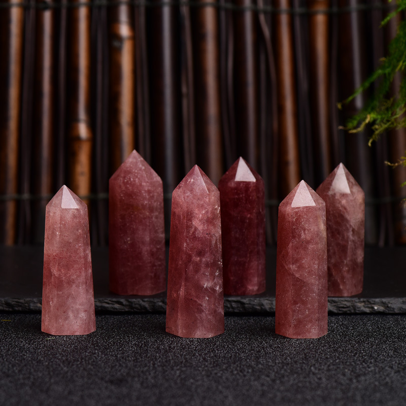 Red Strawberry Quartz Single Pointed Hexagonal Prism Beads Ornament Handmade Craved Gemstone