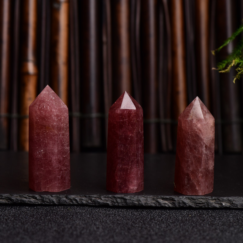 Red Strawberry Quartz Single Pointed Hexagonal Prism Beads Ornament Handmade Craved Gemstone