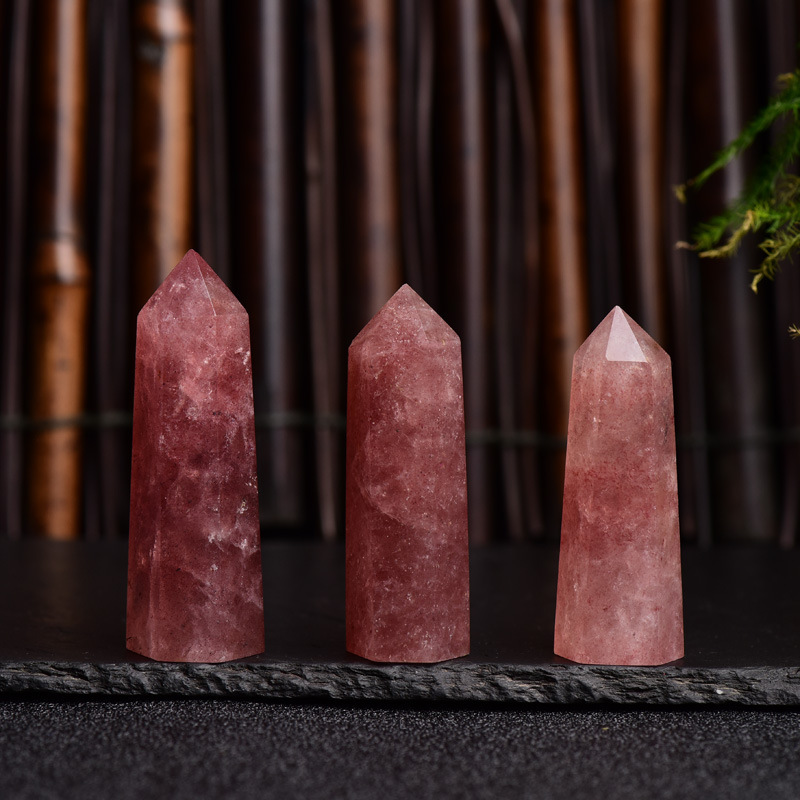 Red Strawberry Quartz Single Pointed Hexagonal Prism Beads Ornament Handmade Craved Gemstone