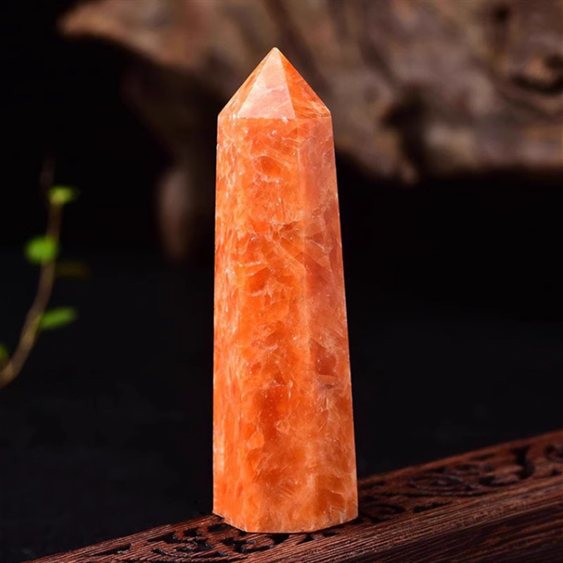 Sunstone Single Pointed Hexagonal Prism Beads Ornament Handmade Craved Gemstone