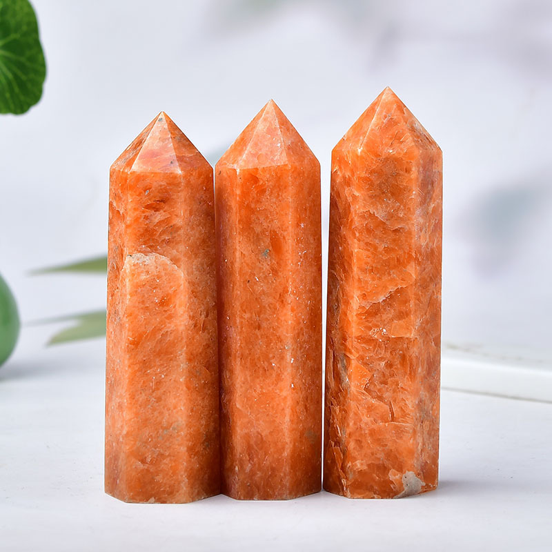 Sunstone Single Pointed Hexagonal Prism Beads Ornament Handmade Craved Gemstone