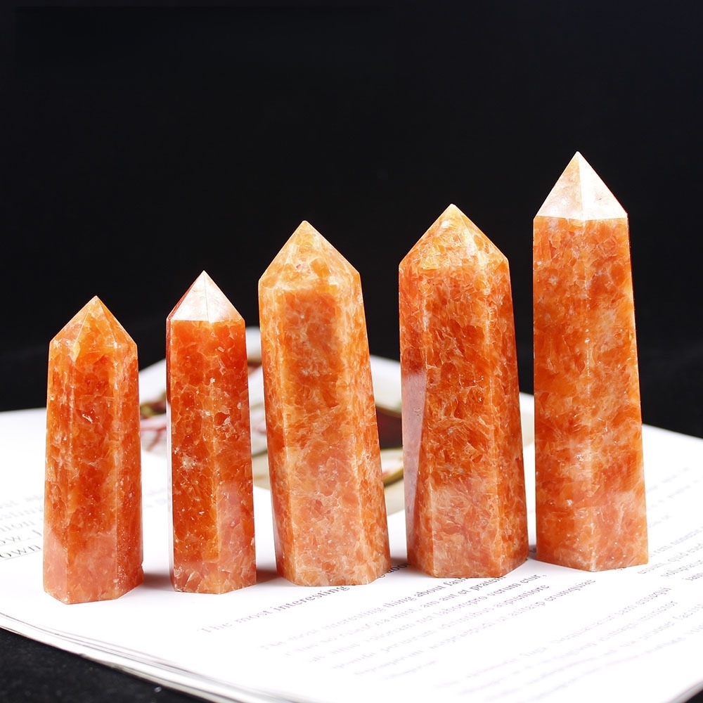Sunstone Single Pointed Hexagonal Prism Beads Ornament Handmade Craved Gemstone