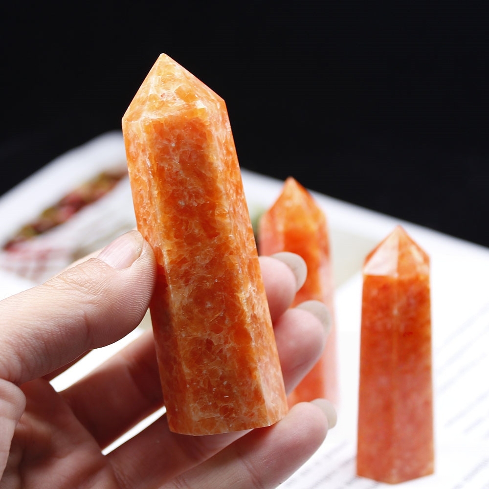 Sunstone Single Pointed Hexagonal Prism Beads Ornament Handmade Craved Gemstone
