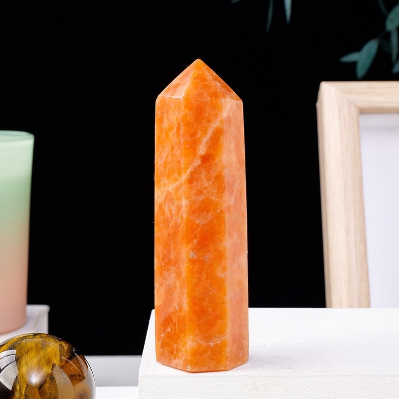 Sunstone Single Pointed Hexagonal Prism Beads Ornament Handmade Craved Gemstone