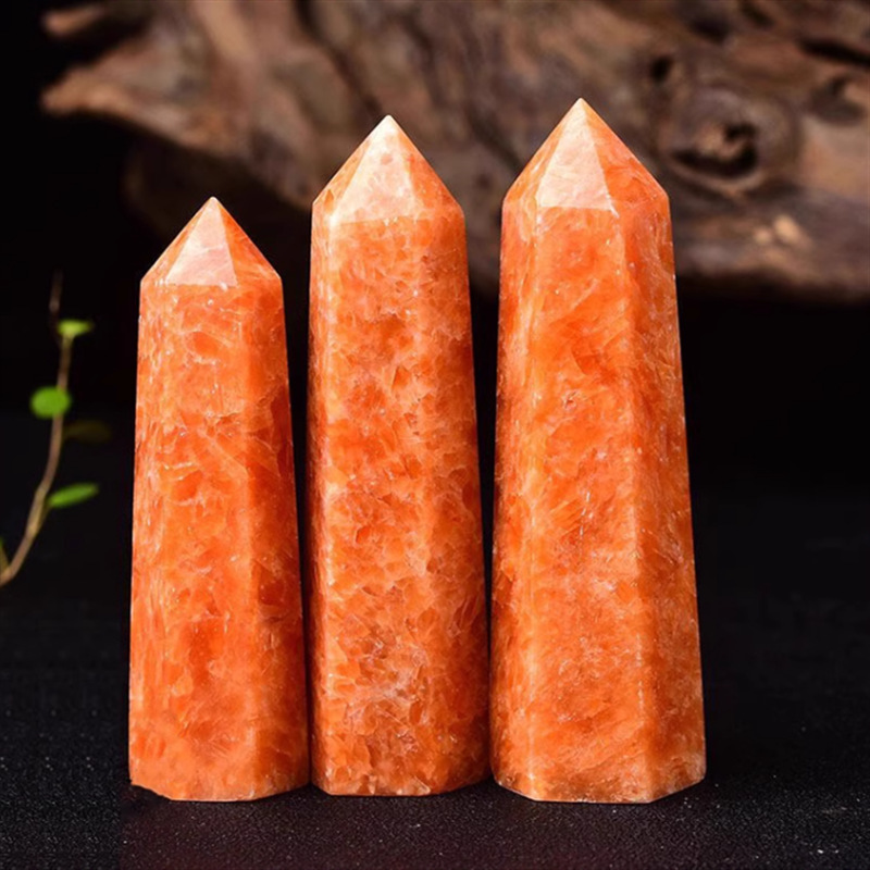 Sunstone Single Pointed Hexagonal Prism Beads Ornament Handmade Craved Gemstone