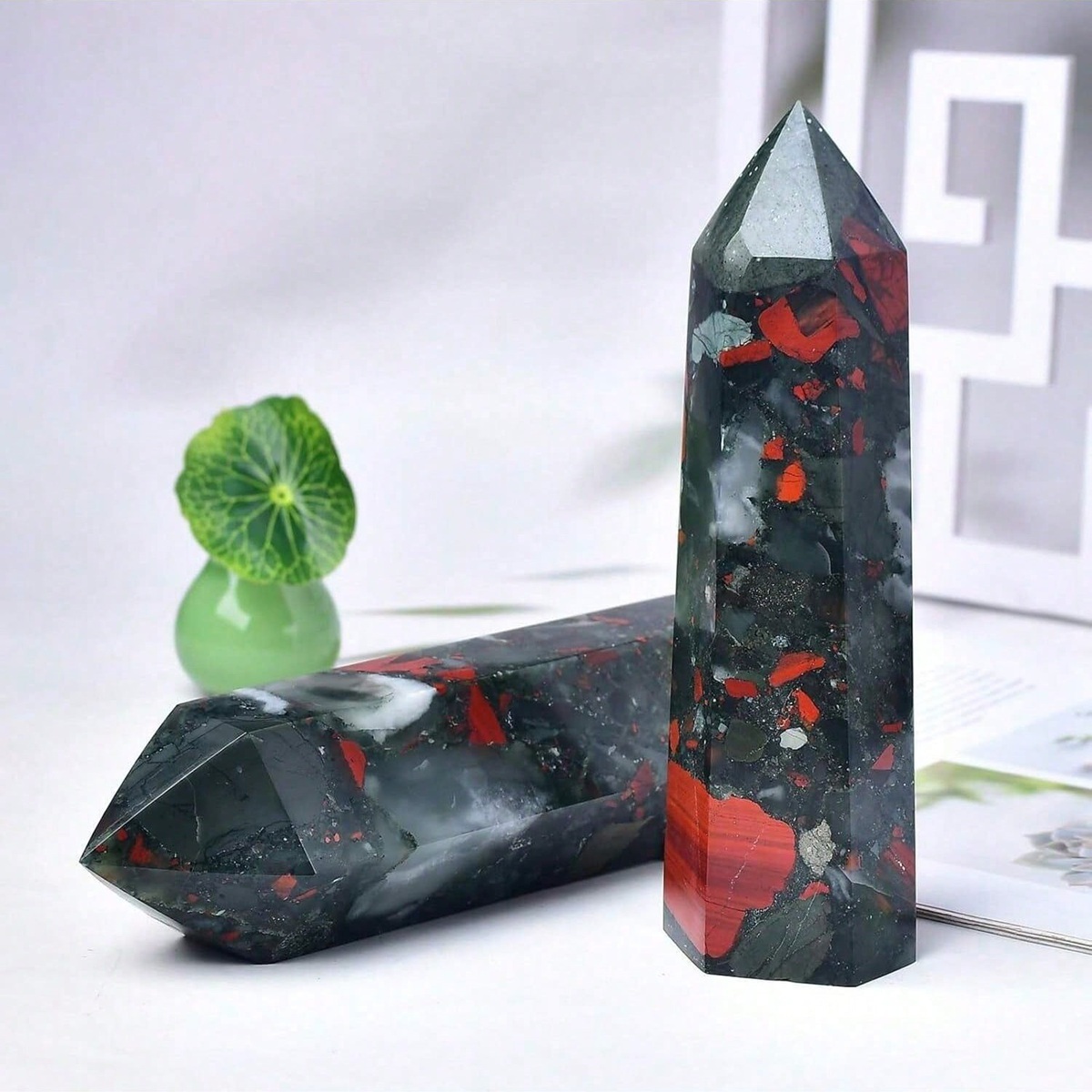 African Bloodstone  Single Pointed Hexagonal Prism Beads Ornament 206SP1492 Handmade Craved Gemstone