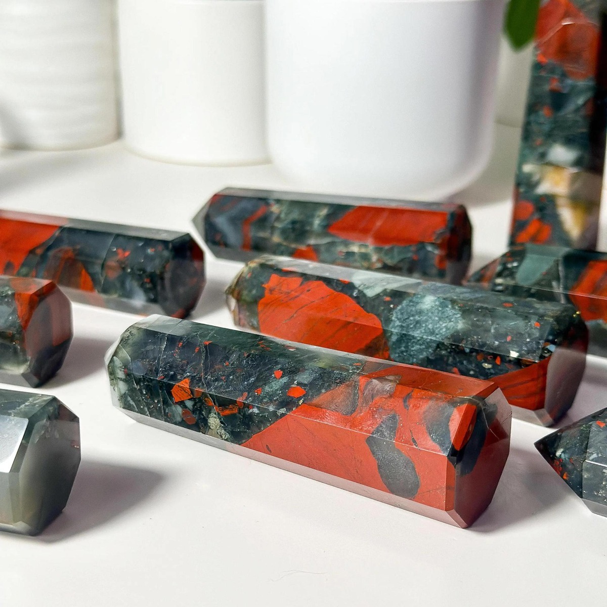 African Bloodstone  Single Pointed Hexagonal Prism Beads Ornament 206SP1492 Handmade Craved Gemstone