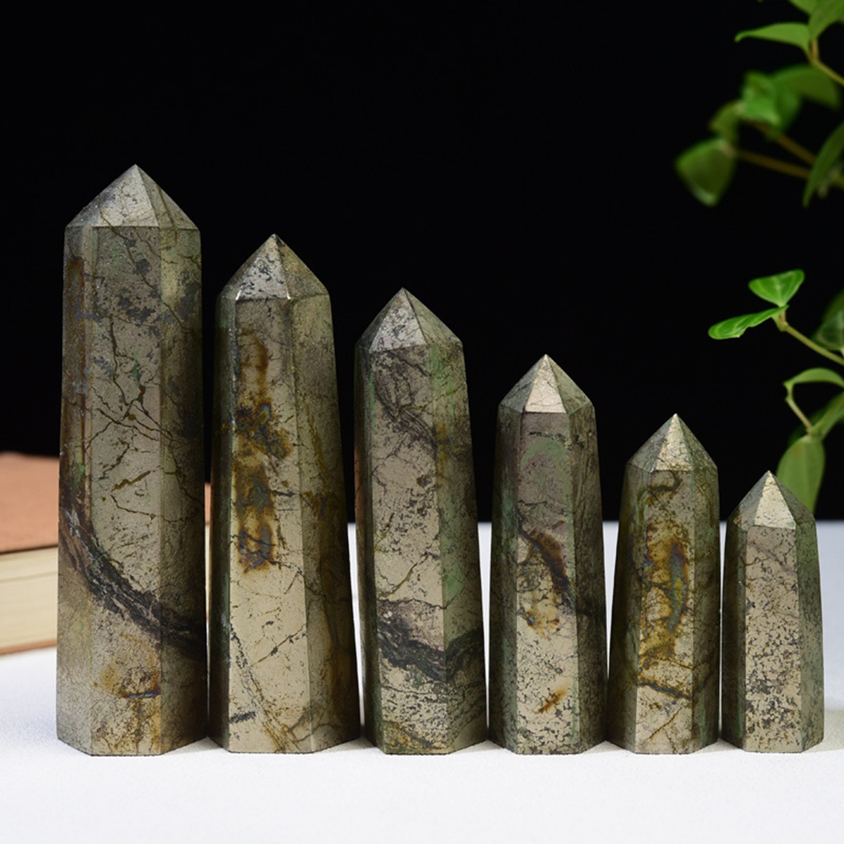 Pyrite  Single Pointed Hexagonal Prism Beads Ornament 206SP1492 Handmade Craved Gemstone