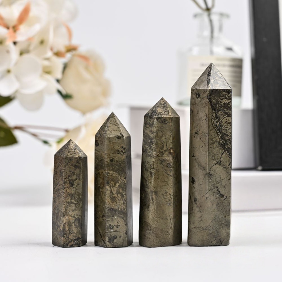 Pyrite  Single Pointed Hexagonal Prism Beads Ornament 206SP1492 Handmade Craved Gemstone