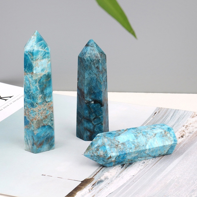 Blue Apatite Single Pointed Hexagonal Prism Beads Ornament 206SP1492 Handmade Craved Gemstone