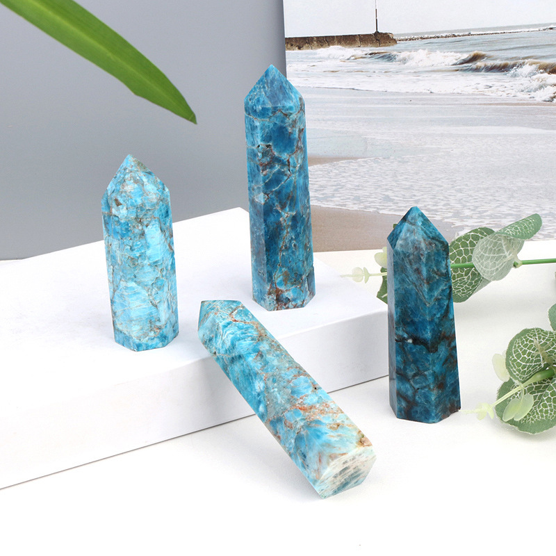 Blue Apatite Single Pointed Hexagonal Prism Beads Ornament 206SP1492 Handmade Craved Gemstone