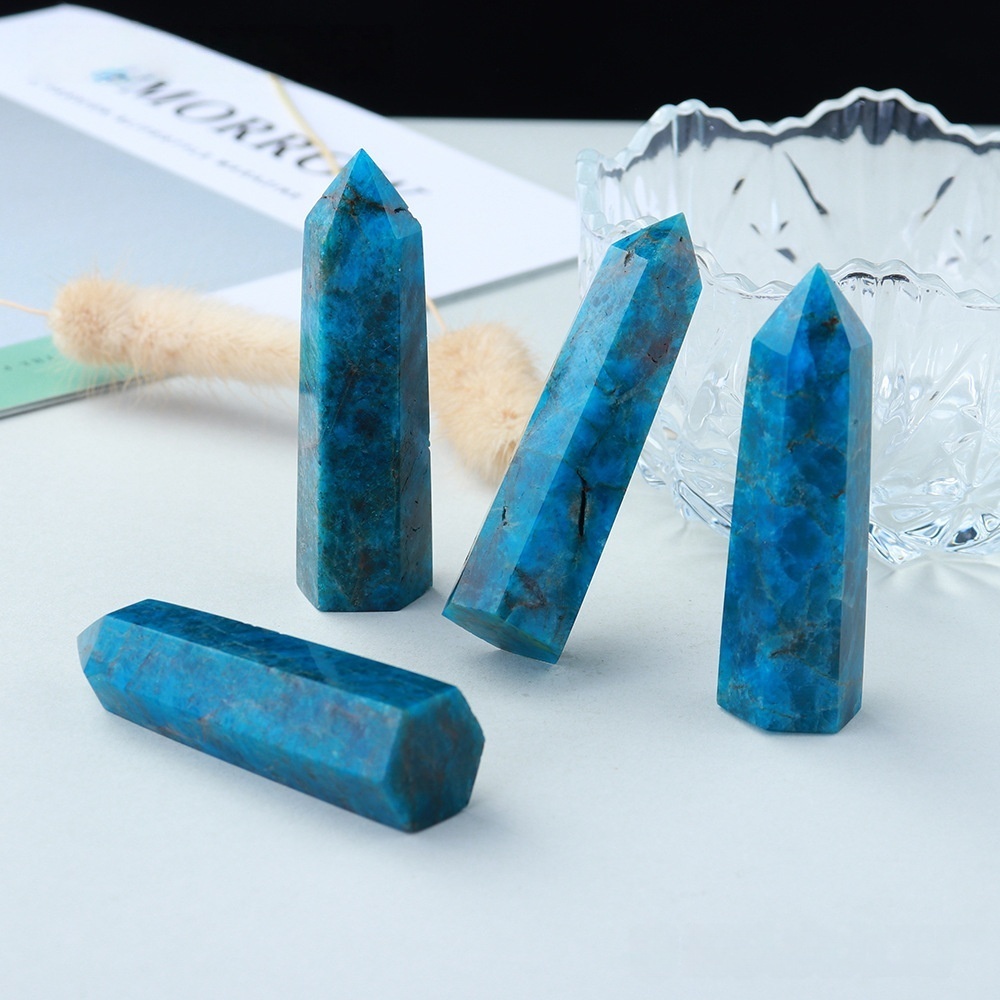 Blue Apatite Single Pointed Hexagonal Prism Beads Ornament 206SP1492 Handmade Craved Gemstone