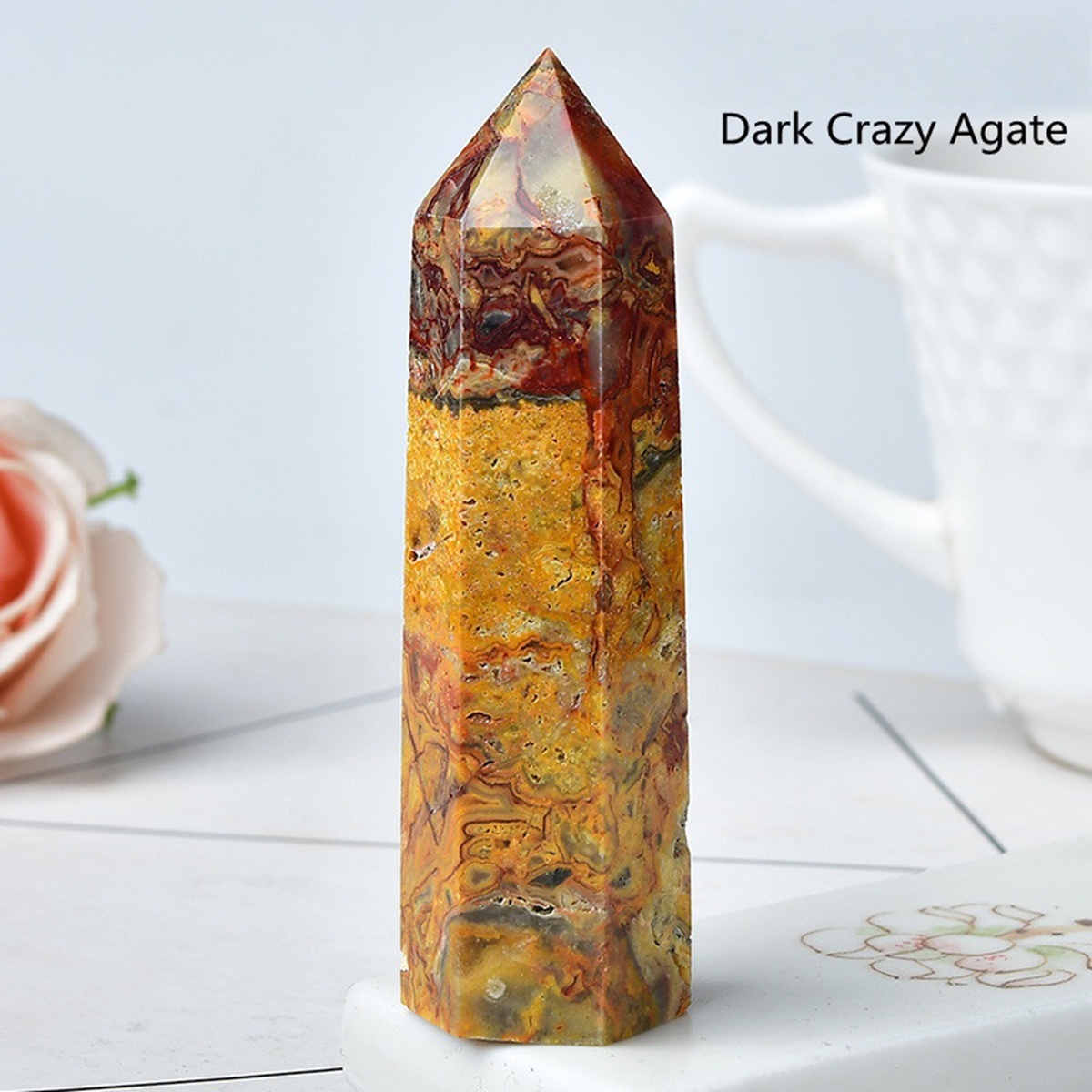 Crazy Agate Single Pointed Hexagonal Prism Beads Ornament 206SP1492 Handmade Craved Gemstone