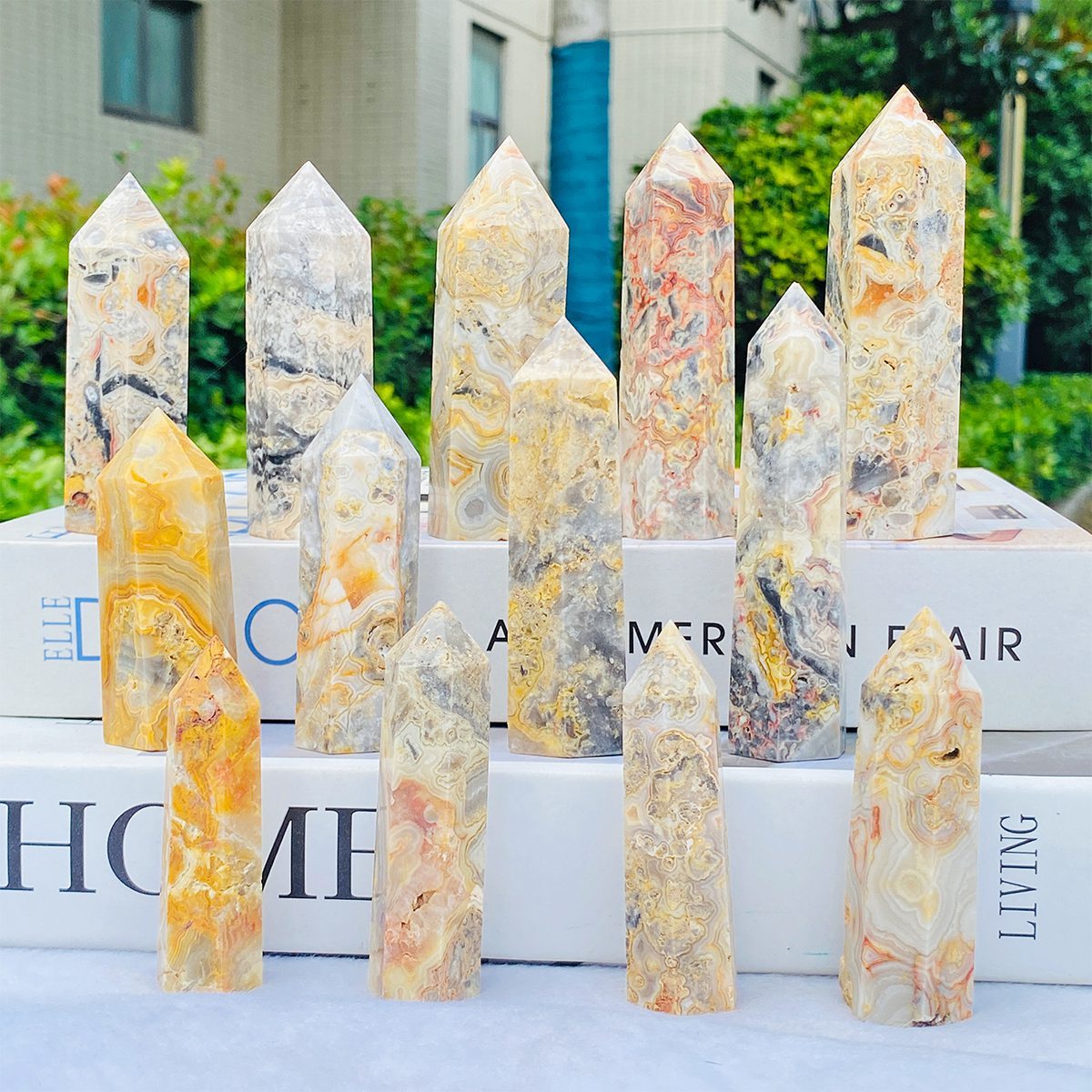 Crazy Agate Single Pointed Hexagonal Prism Beads Ornament 206SP1492 Handmade Craved Gemstone
