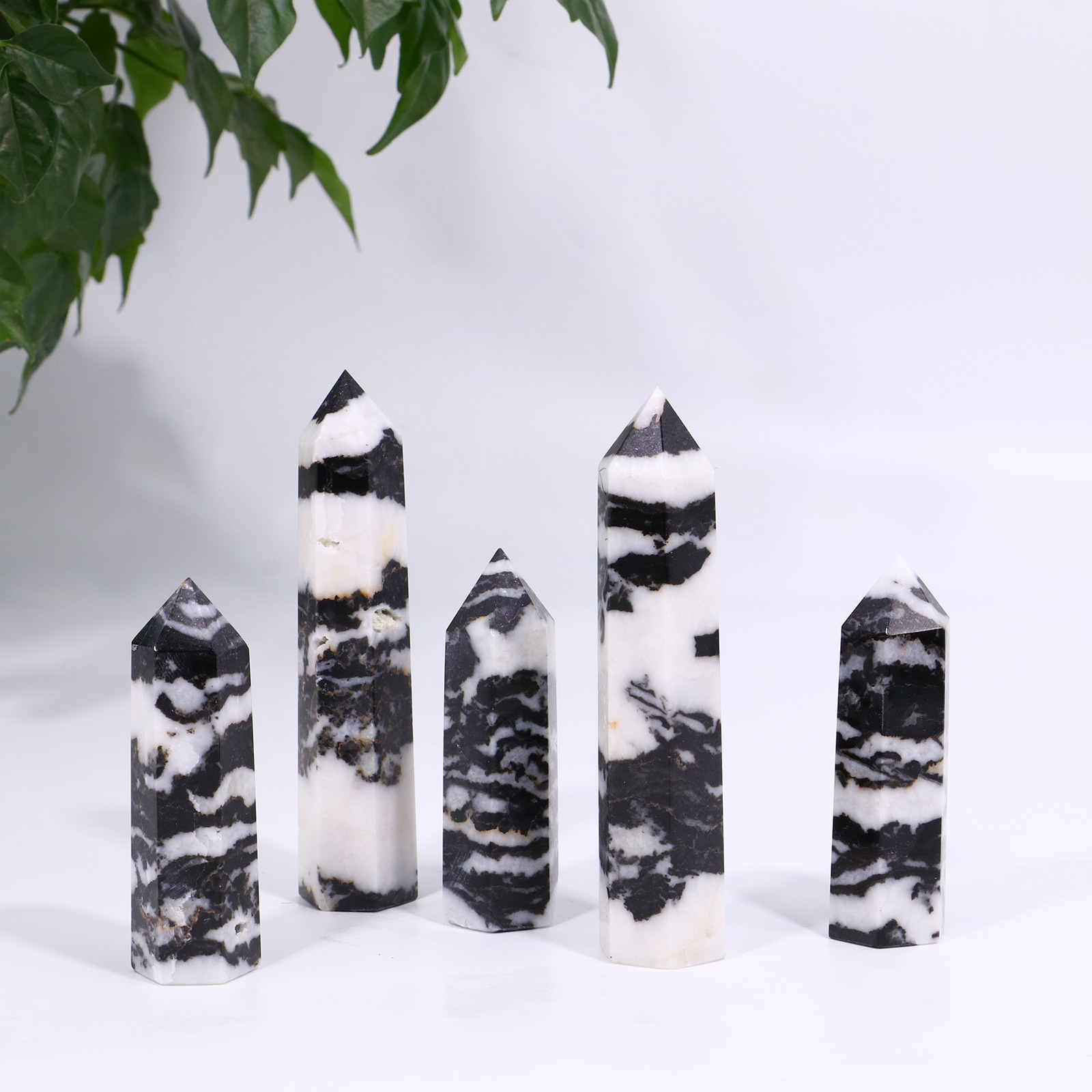 Black Zebra Jasper Single Pointed Hexagonal Prism Beads Ornament 206SP1492 Handmade Craved Gemstone