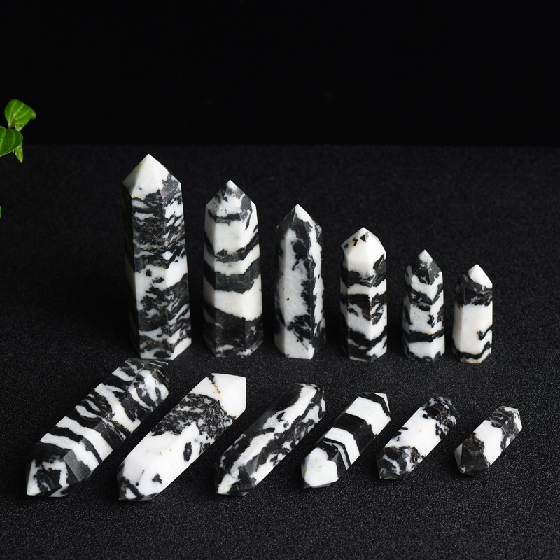 Black Zebra Jasper Single Pointed Hexagonal Prism Beads Ornament 206SP1492 Handmade Craved Gemstone