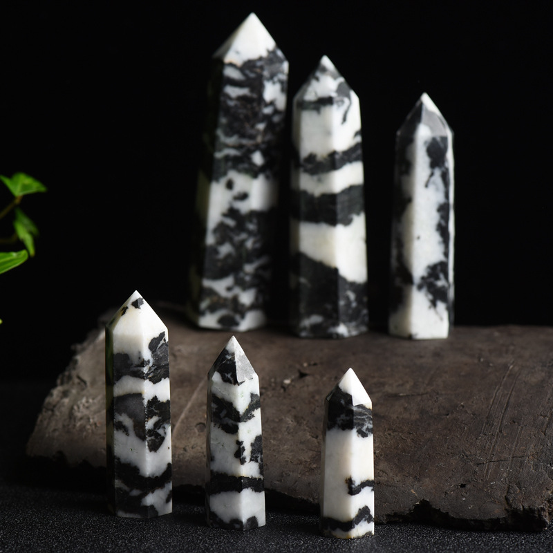 Black Zebra Jasper Single Pointed Hexagonal Prism Beads Ornament 206SP1492 Handmade Craved Gemstone