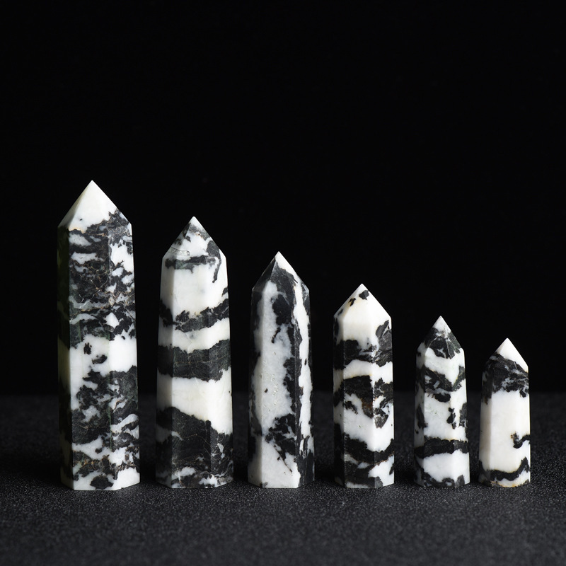 Black Zebra Jasper Single Pointed Hexagonal Prism Beads Ornament 206SP1492 Handmade Craved Gemstone